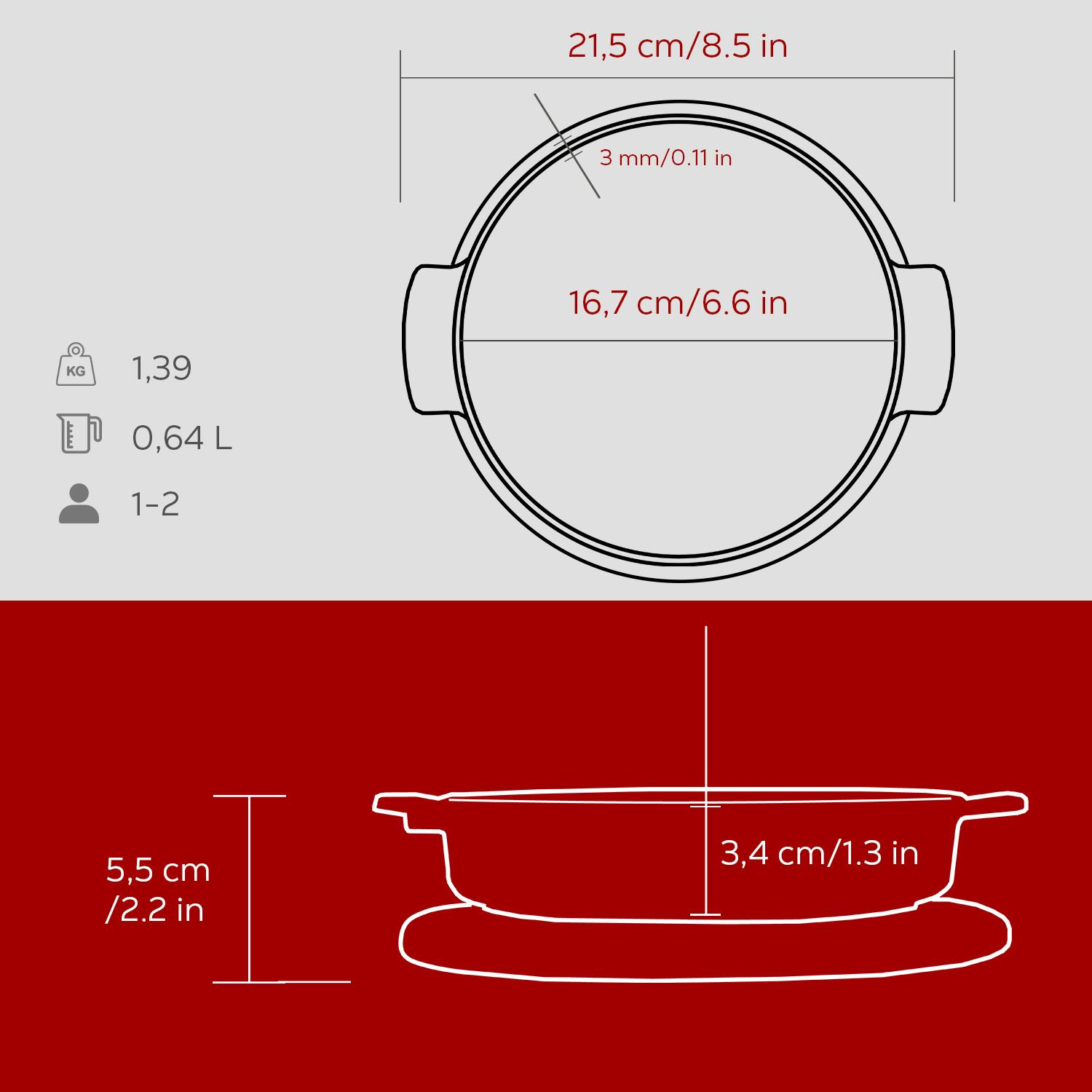 Boyutları ve özellikleri ile siyah bir tencerenin diyagramı: 21,5 cm/8,5 inç, 16,7 cm/6,6 inç, 3,4 cm/1,3 inç, 5,5 cm/2,2 inç, 1,39 kg, 0,64 L, 1-2 porsiyon.