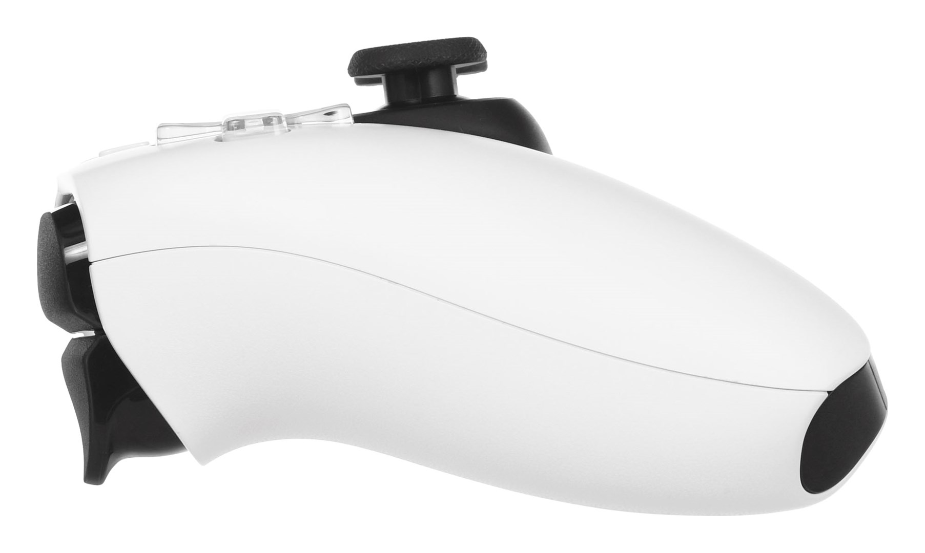 Biały kontroler do gier z czarnymi detalami. Posiada joystick, przyciski i triggery. Tło jest białe.