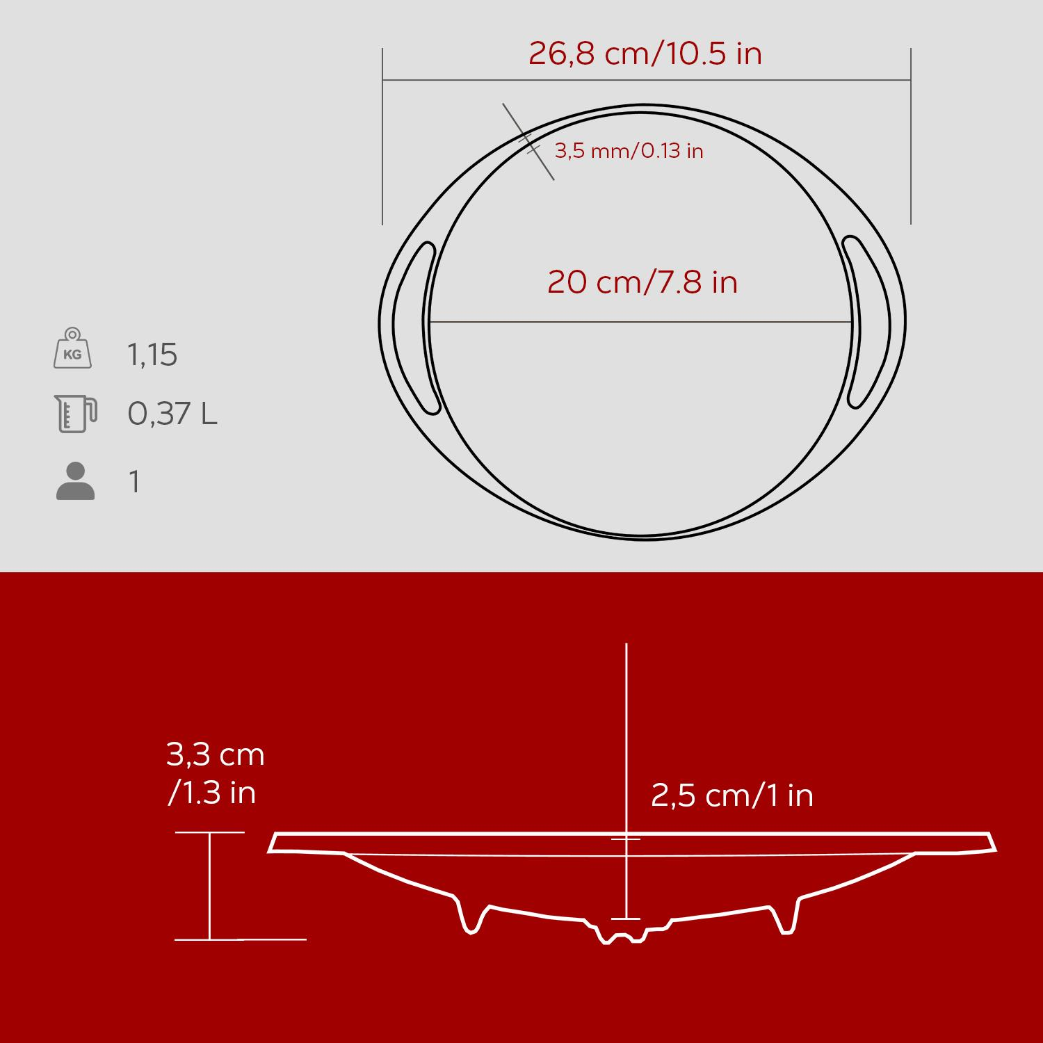 Bir diyagram, 26,8 cm, 20 cm ve 3,5 mm dahil olmak üzere boyutları etiketlenmiş dairesel bir nesneyi gösterir. Ağırlık 1,15 kg, hacim 0,37 L'dir.