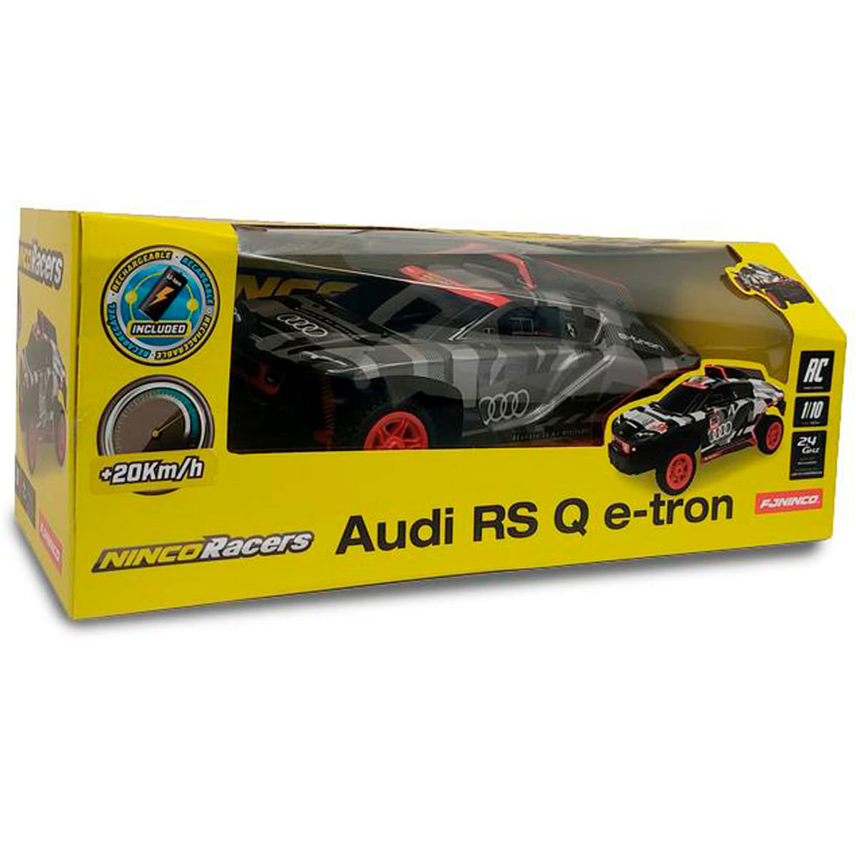 Un coche de juguete, Audi RS Q e-tron, en una caja amarilla. El coche es gris y negro con detalles y ruedas rojas.