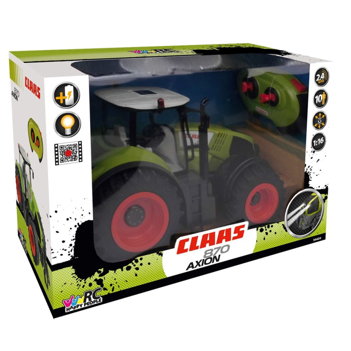 Un tractor de juguete Claas 870 Axion RC en su caja. Es verde y negro con ruedas rojas y un mando a distancia.