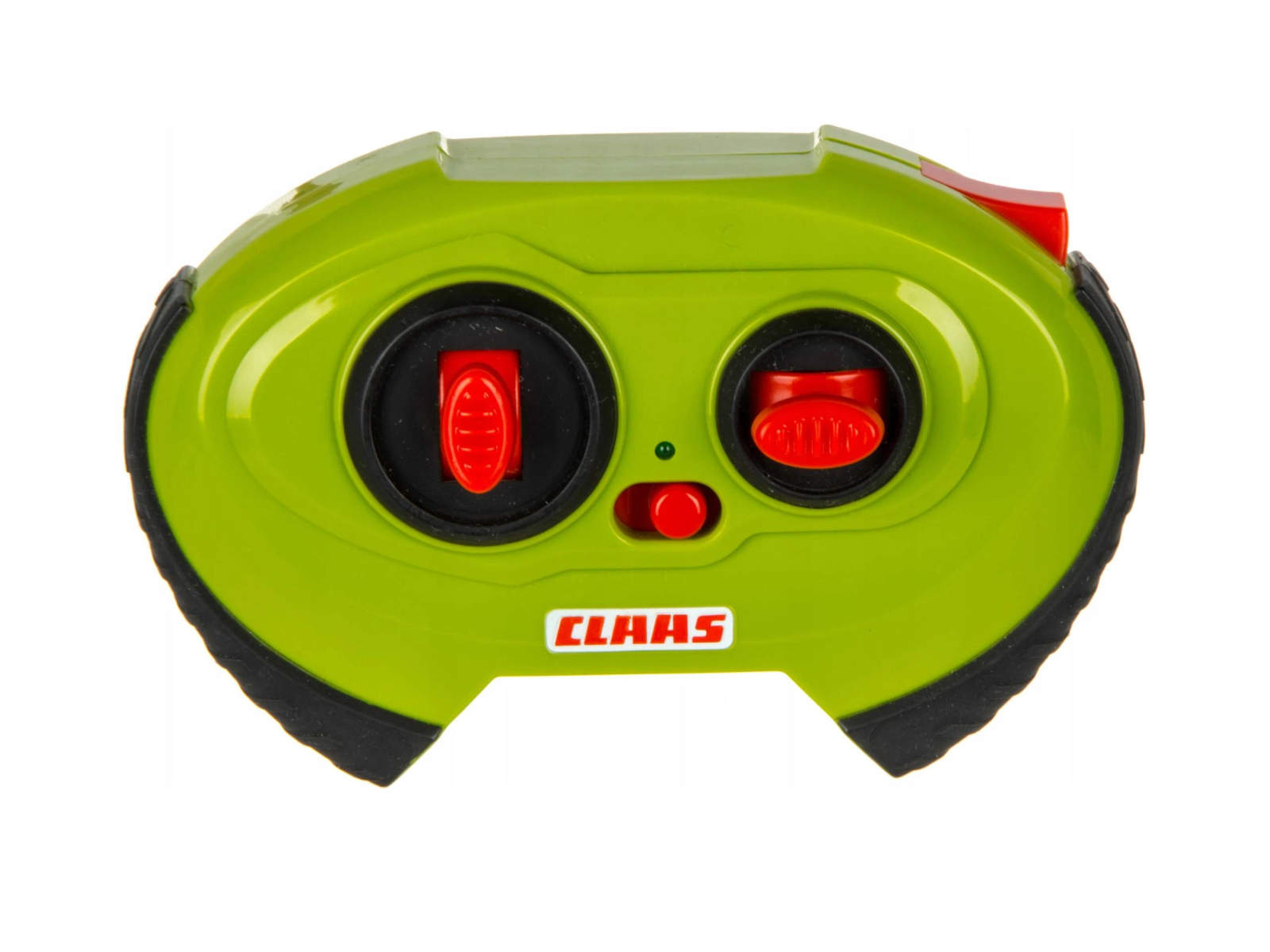 Un control remoto verde con botones rojos y un logotipo, CLAAS, en la parte inferior. El control tiene un diseño curvo y bordes negros.