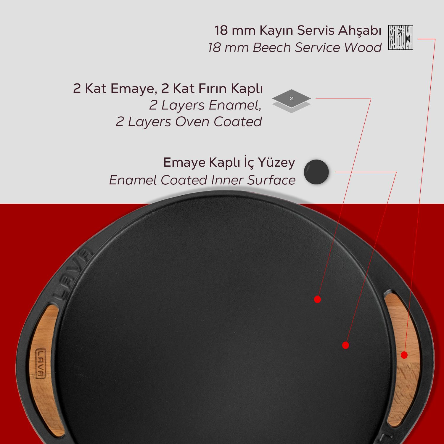 Ahşap kulplu siyah yuvarlak tava. Metin, emaye kaplama, kayın ağacı ve boyutlar gibi özellikleri açıklıyor.