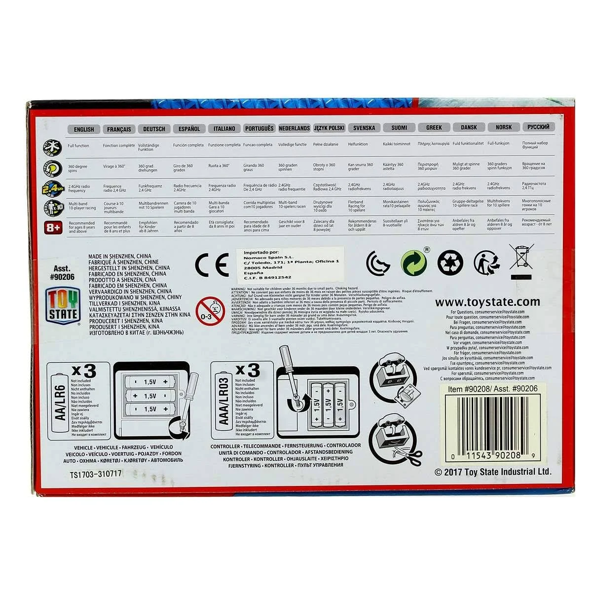 Caja de juguete con descripciones multilingües, advertencias de seguridad e información de la batería para un vehículo a control remoto.