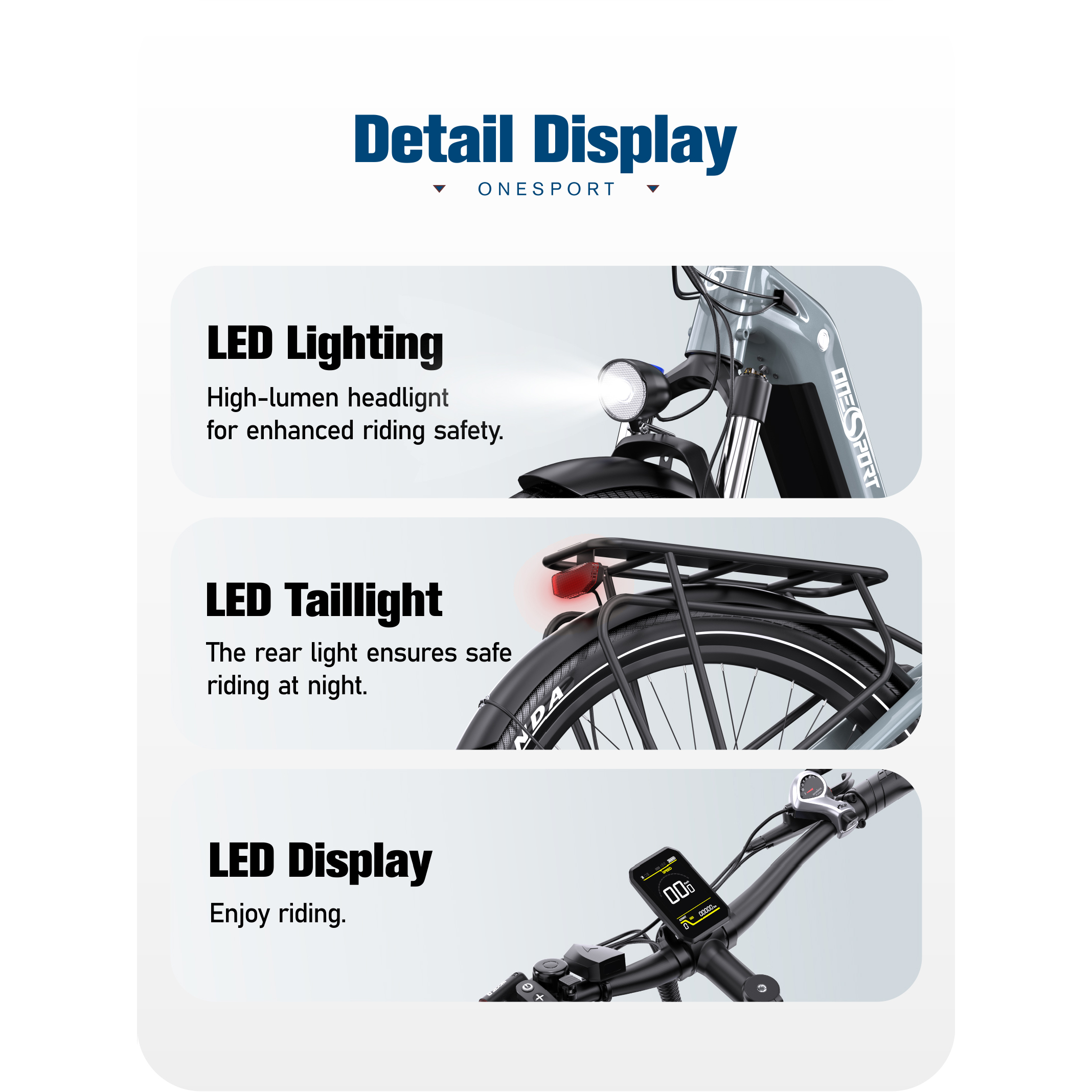 Obrazek przedstawia rower elektryczny, podkreślając oświetlenie LED, tylne światło i wyświetlacz dla bezpieczeństwa i przyjemności z jazdy.