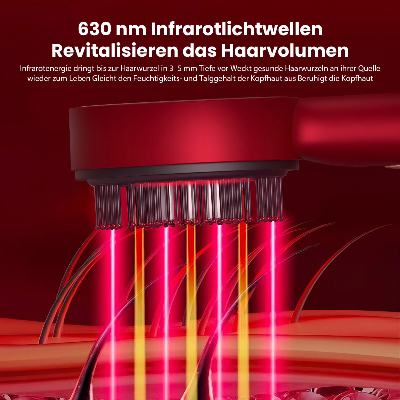 Rotes Haarbehandlungsgerät, das rotes und gelbes Licht auf Haarwurzeln emittiert. Der Hintergrund ist rot.