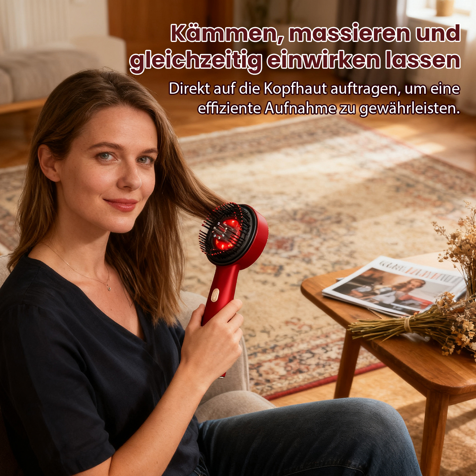 Eine Frau benutzt ein rotes Haarmassagegerät. Sie lächelt, während sie das Gerät hält. Ein Tisch mit Zeitschrift und Blumen ist in der Nähe.