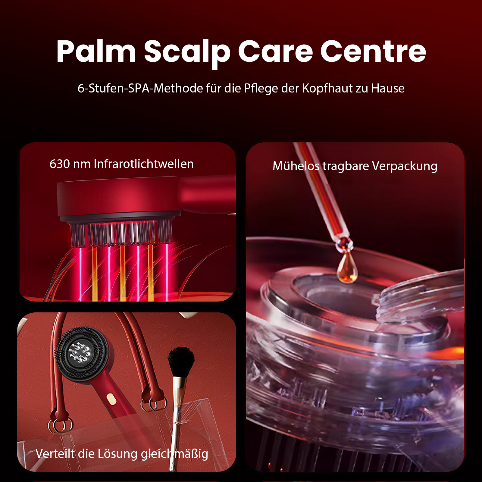 Das Bild zeigt ein rotes Kopfhautpflegegerät, eine Pipette und einen Pinsel. Text auf Deutsch beschreibt die Funktionen des Produkts.