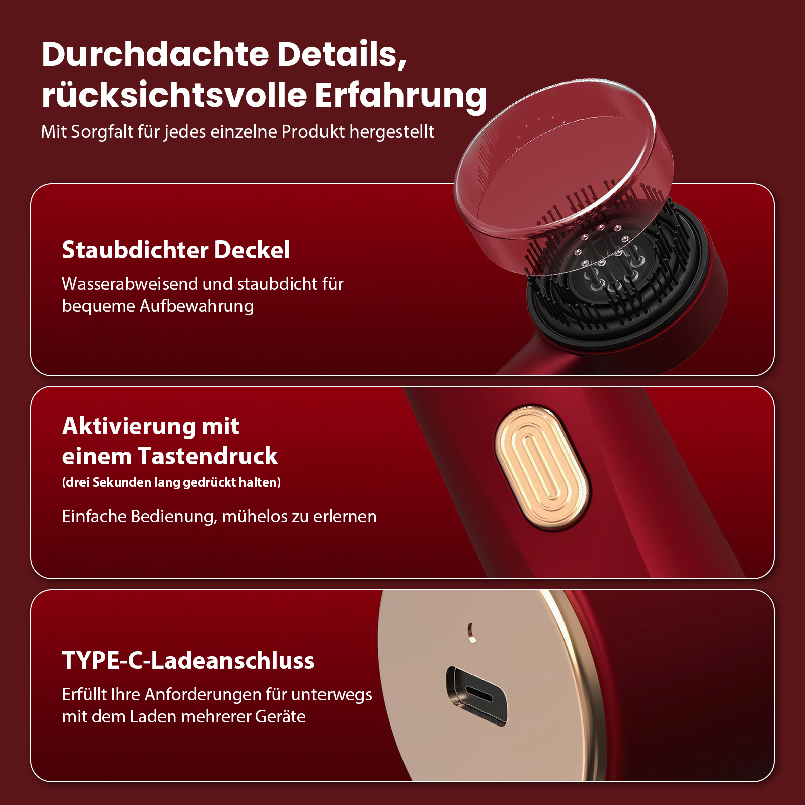 Rotes Haarstyling-Tool mit transparentem Deckel. Text hebt staubdichten Deckel, Ein-Knopf-Aktivierung und Typ-C-Laden hervor.