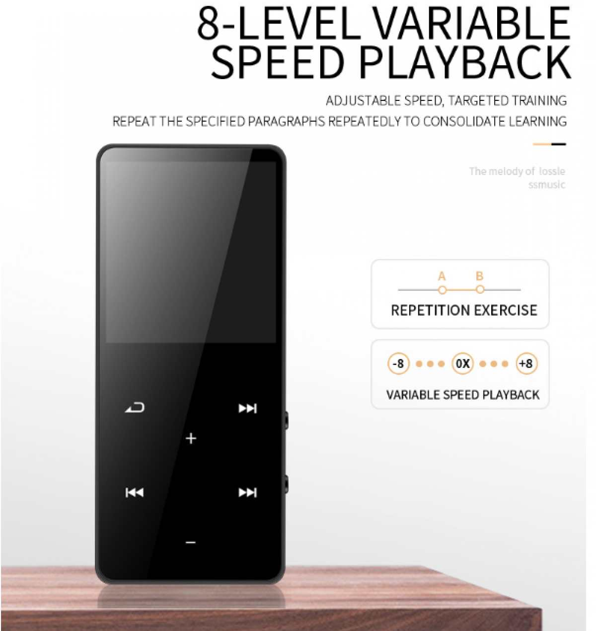 Schwarzer MP3-Player auf Holzoberfläche. Text zeigt '8-LEVEL VARIABLE SPEED PLAYBACK' und 'REPETITION EXERCISE'.