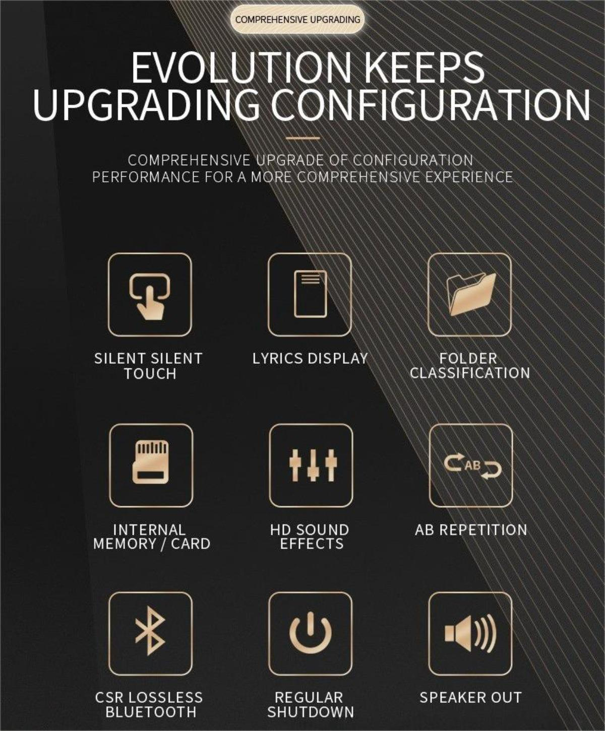 Werbung mit Text über die Konfigurationsaktualisierung. Symbole stellen Funktionen wie Bluetooth, Lautsprecherausgang und Soundeffekte dar.