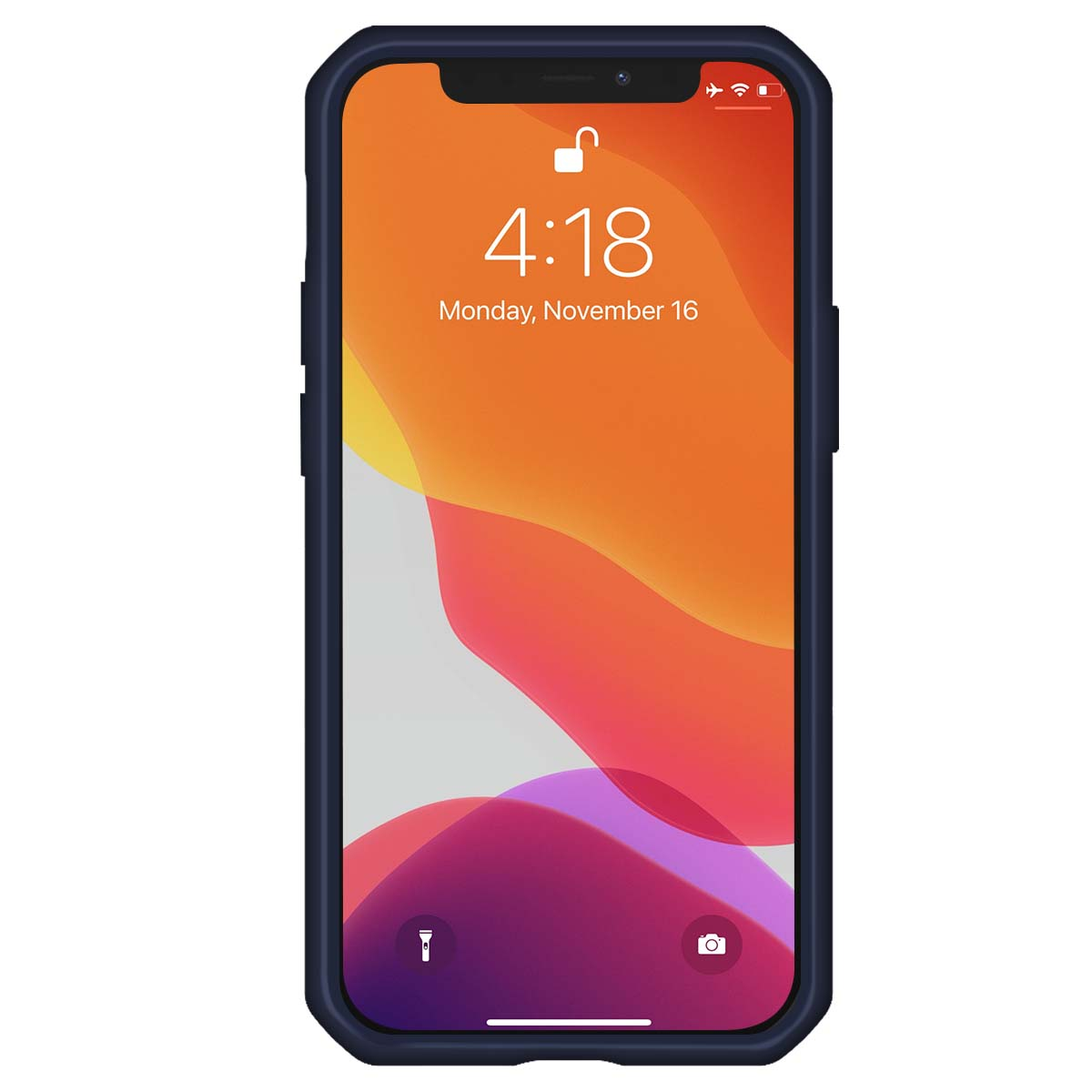 Lo schermo di uno smartphone mostra l'ora 4:18 di lunedì 16 novembre. Il telefono è in una custodia blu scuro.