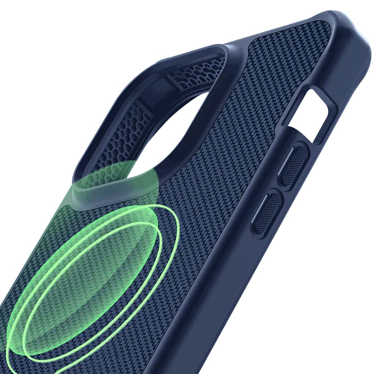 Primo piano di una custodia per telefono blu scuro. Ha una superficie strutturata, un'impugnatura e aree evidenziate in verde.