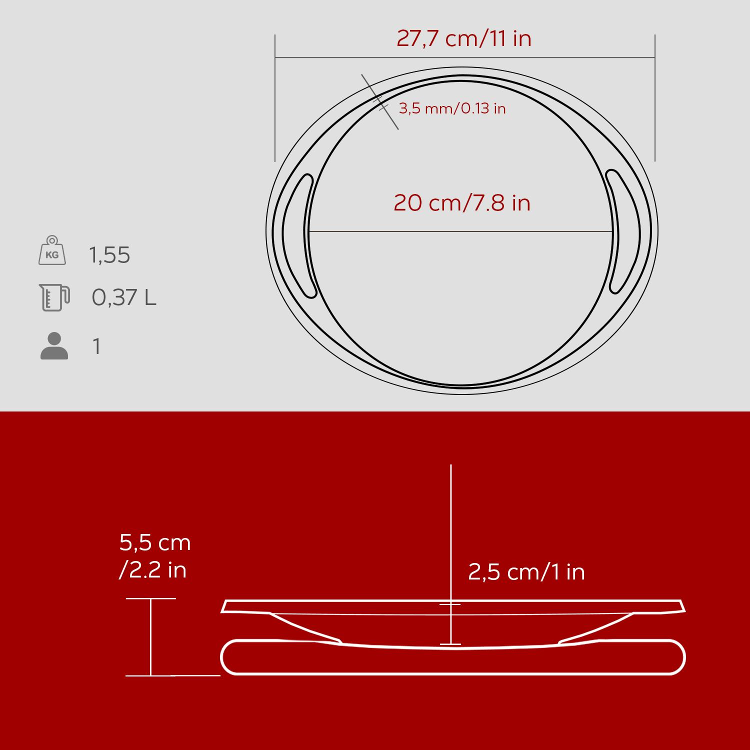 Boyutları 27,7cm, 20cm ve 3,5mm olan dairesel bir nesnenin diyagramı. Ek ölçüler 5,5cm ve 2,5cm'dir. Ağırlıklar ve kapasite belirtildi.