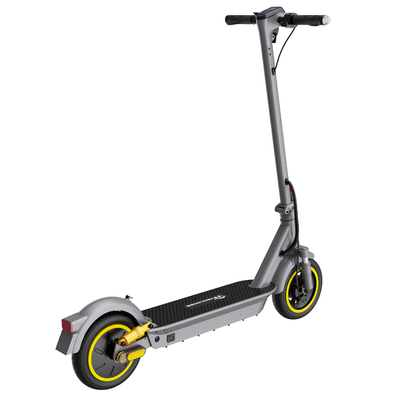 Grauer Elektroroller mit gelben Akzenten. Er hat einen schwarzen Lenker und ein schwarzes Deck.