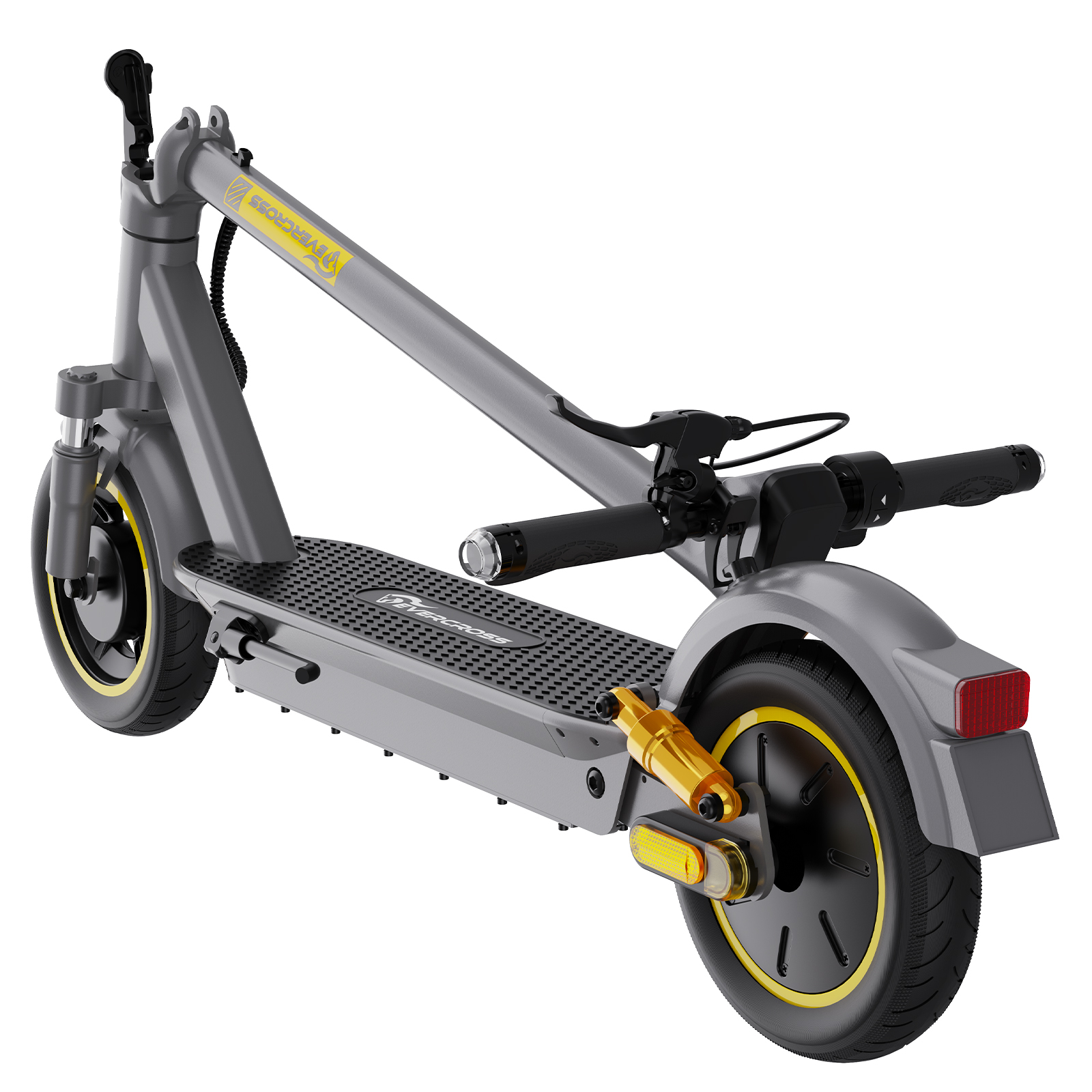 Een grijze elektrische scooter met zwarte banden en gele accenten. De scooter staat op een witte achtergrond, schuin naar rechts.