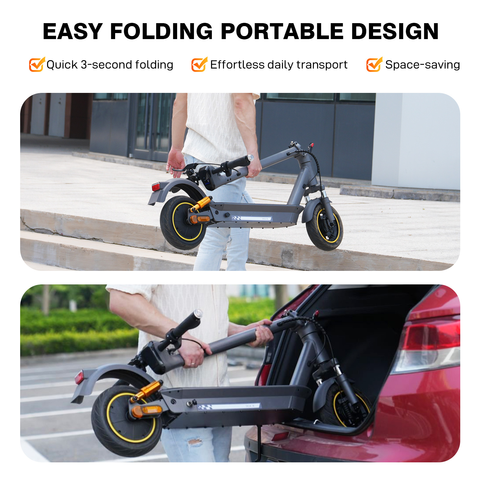 Een man draagt een opgevouwen grijze scooter. Een andere man plaatst een vergelijkbare scooter in de kofferbak van een auto. Tekst zegt: Gemakkelijk opvouwen, draagbaar ontwerp.