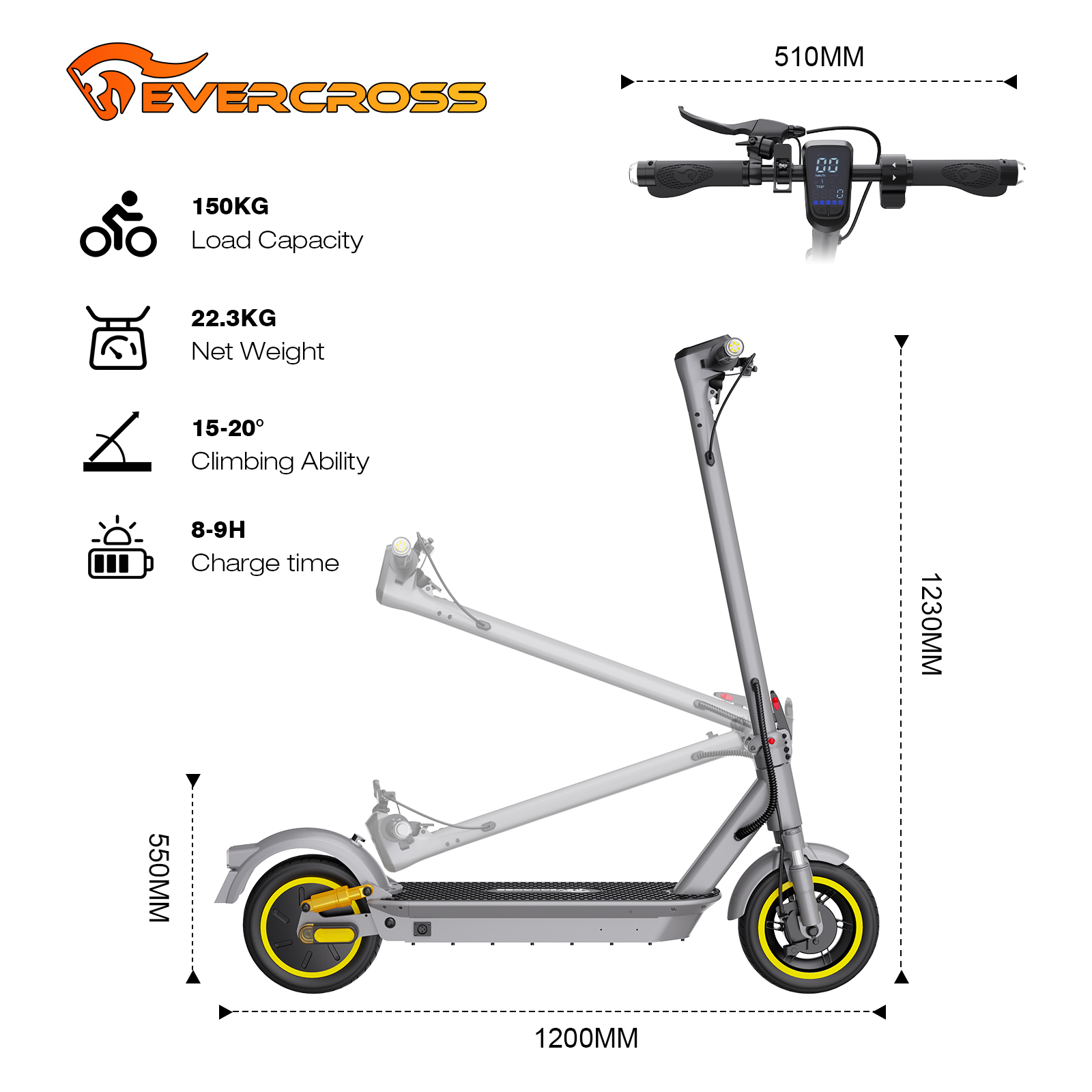 Een Evercross elektrische step, opgevouwen. Het heeft een grijs frame, gele accenten op de wielen en toont specificaties.