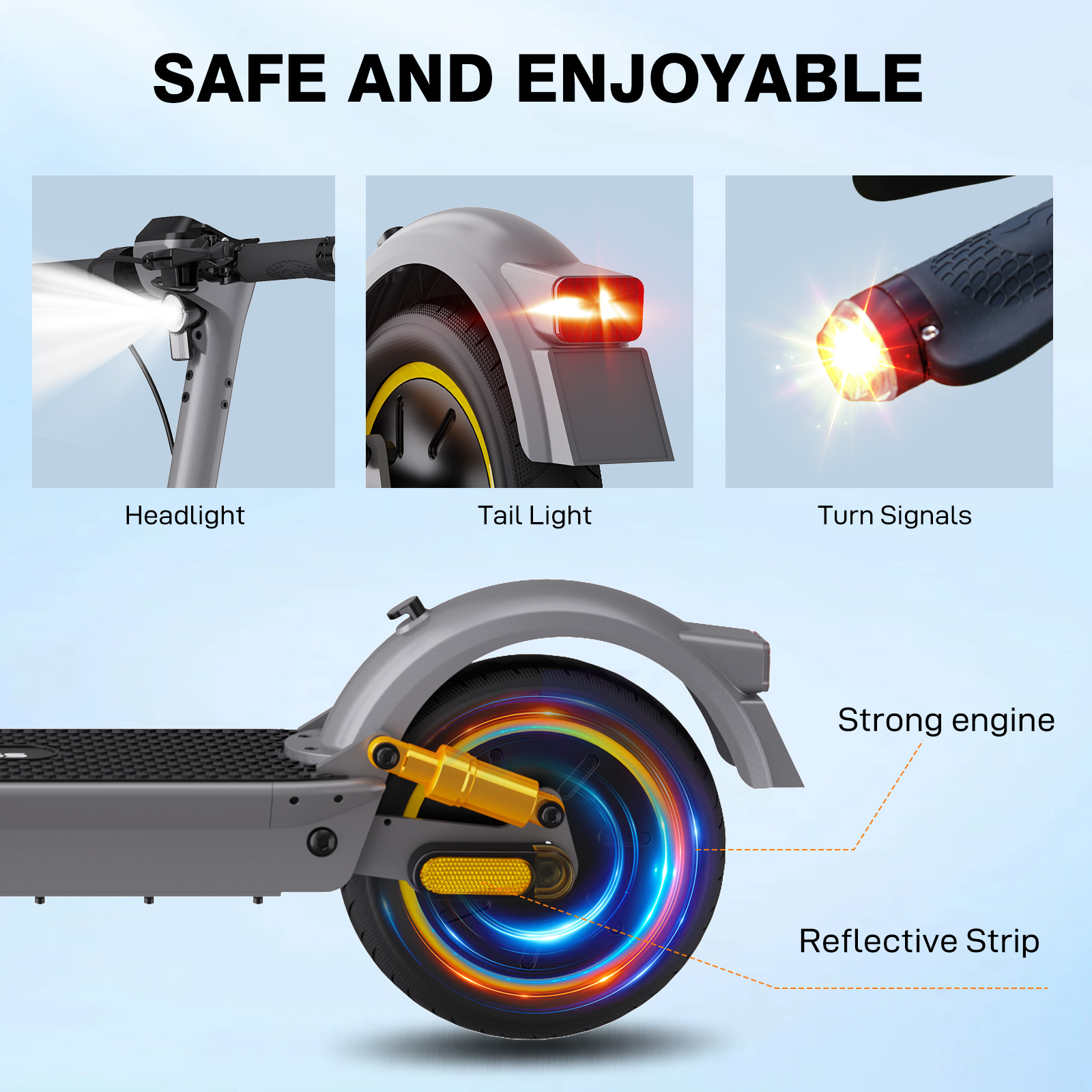 Een elektrische scooter met koplamp, achterlicht, richtingaanwijzers, sterke motor en reflecterende strip. De scooter is grijs en zwart.