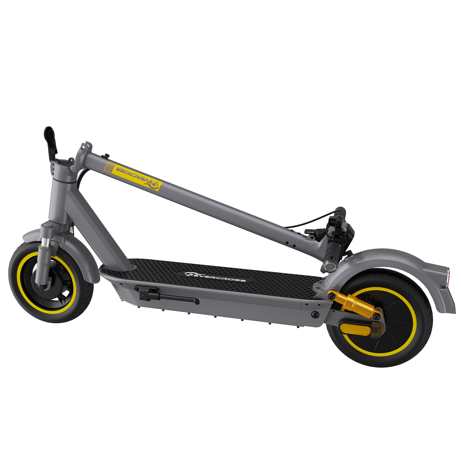 Grauer Elektroroller mit gelben Akzenten. Der Roller befindet sich auf weißem Hintergrund.