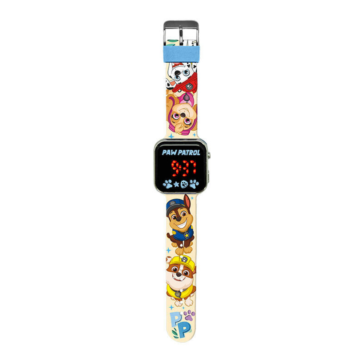 Un reloj inteligente de Paw Patrol con correa blanca con personajes y pantalla digital mostrando 9:37.