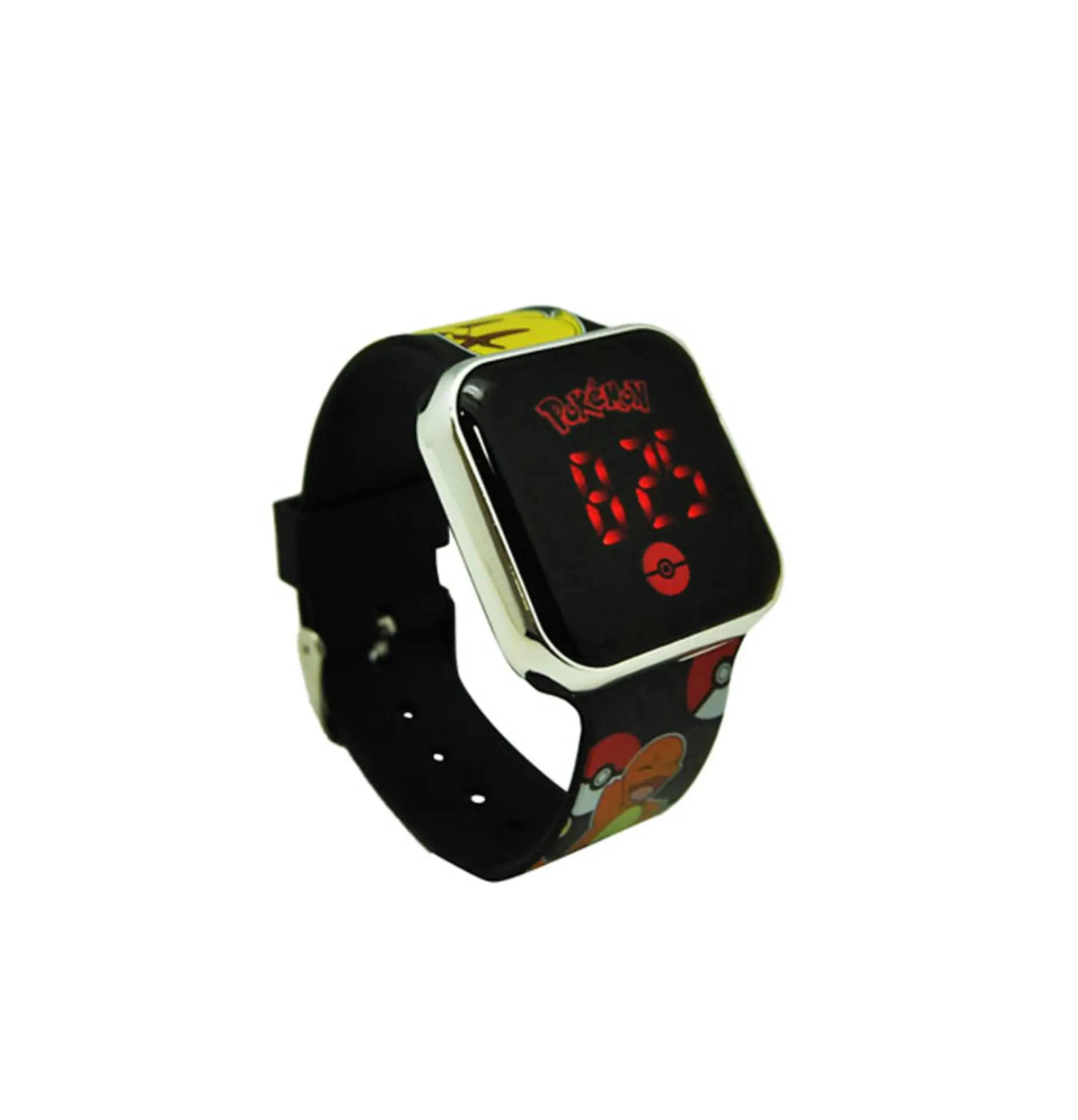 Un reloj Pokemon negro muestra las 6:25. Tiene una esfera cuadrada con marco plateado. La correa tiene personajes y logos de Pokemon.