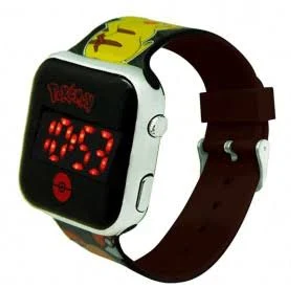 Un reloj negro cuadrado con pantalla digital roja. Tiene una correa marrón y un diseño de Pikachu.