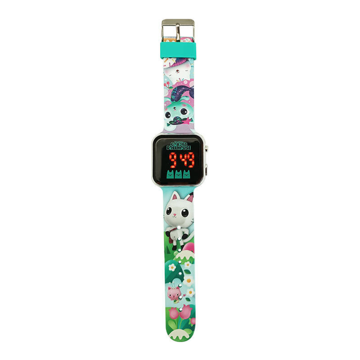 Un colorato orologio di Gabby's Dollhouse. Mostra le 9:49. Il cinturino presenta gatti dei cartoni animati, sirene, fiori e un maialino rosa.