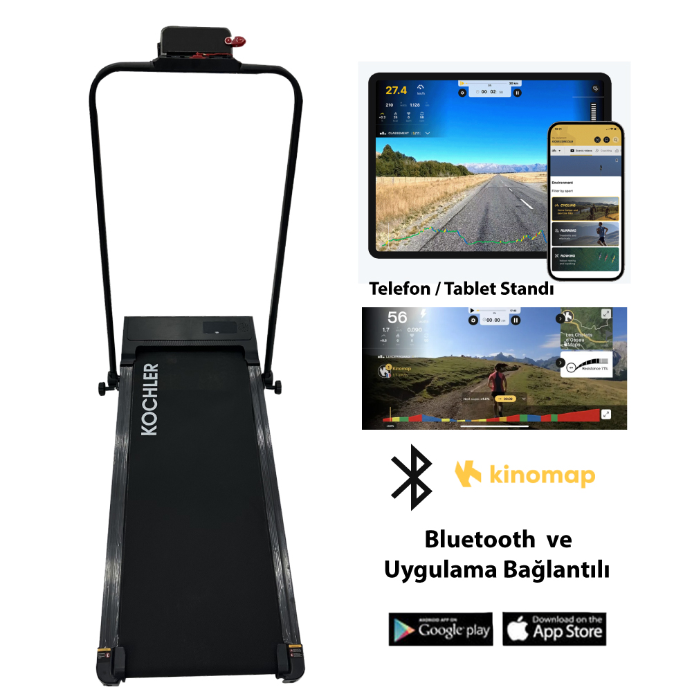 Antrenman verilerini gösteren ekranlara sahip bir koşu bandı. Bluetooth ve uygulama bağlantısı vurgulanır.