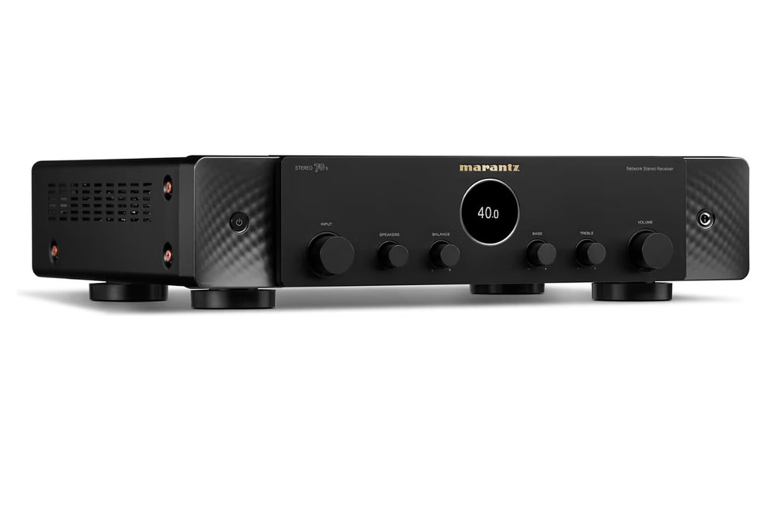 Czarny odbiornik stereo Marantz z cyfrowym wyświetlaczem pokazującym 40.0. Pokrętła i przyciski zdobią przedni panel.