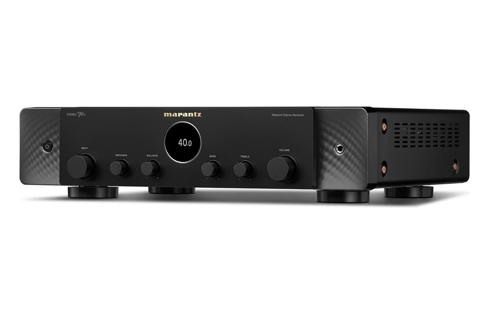 Czarny odbiornik stereo Marantz z wyświetlaczem cyfrowym 40.0. Pokrętła dla wejścia, głośników, balansu, basów, tonów wysokich i głośności.