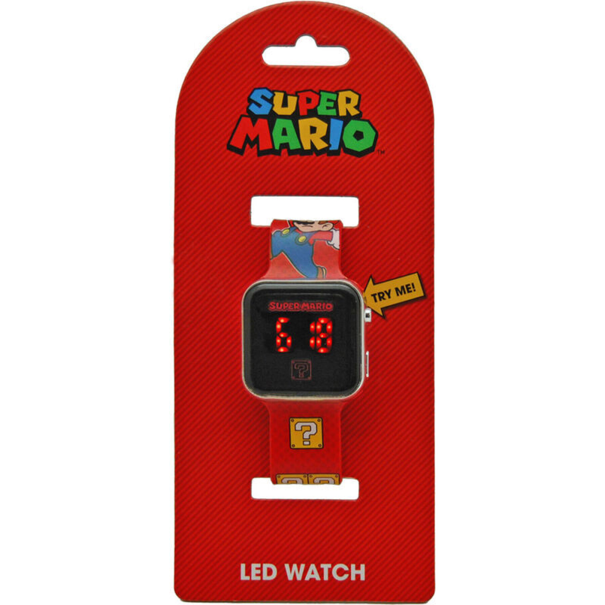 Un orologio LED di Super Mario su una confezione rossa. L'orologio mostra il numero 68 e un punto interrogativo. C'è un adesivo 'Prova!'.