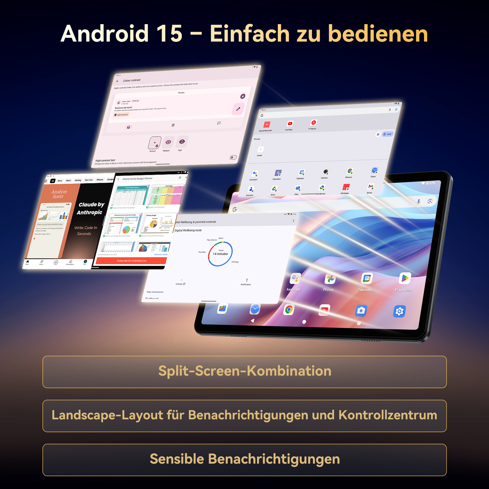 Android 15-Oberfläche auf Tablets. Split-Screen, Benachrichtigungen und Steuerelemente sind zu sehen. Verschiedene App-Symbole.