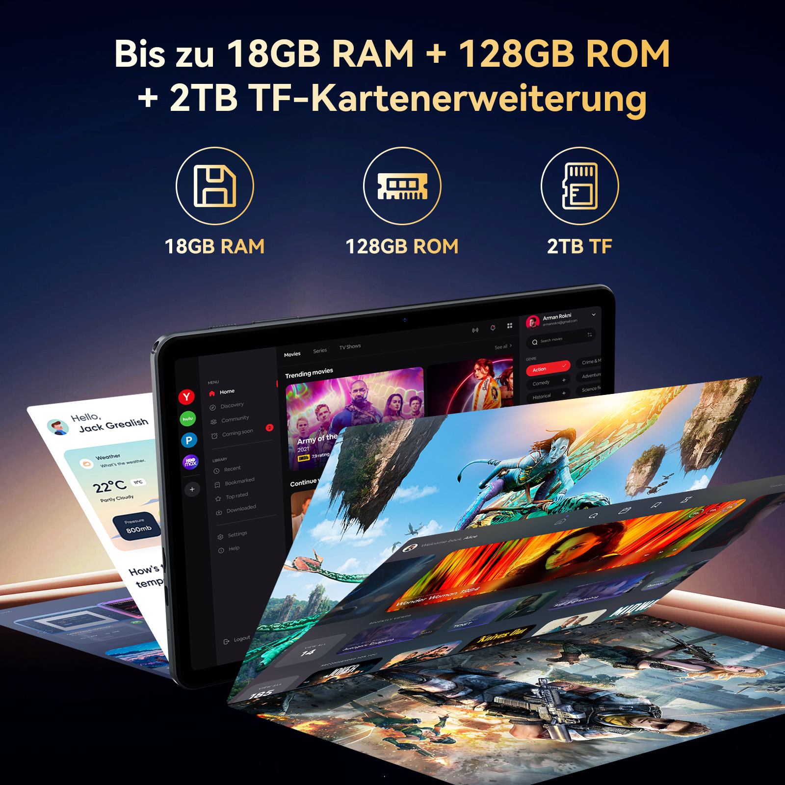 Ein Tablet mit mehreren Bildschirmen, auf denen Filme angezeigt werden. Oben steht: 'Bis zu 18GB RAM + 128GB ROM + 2TB TF-Kartenerweiterung'.