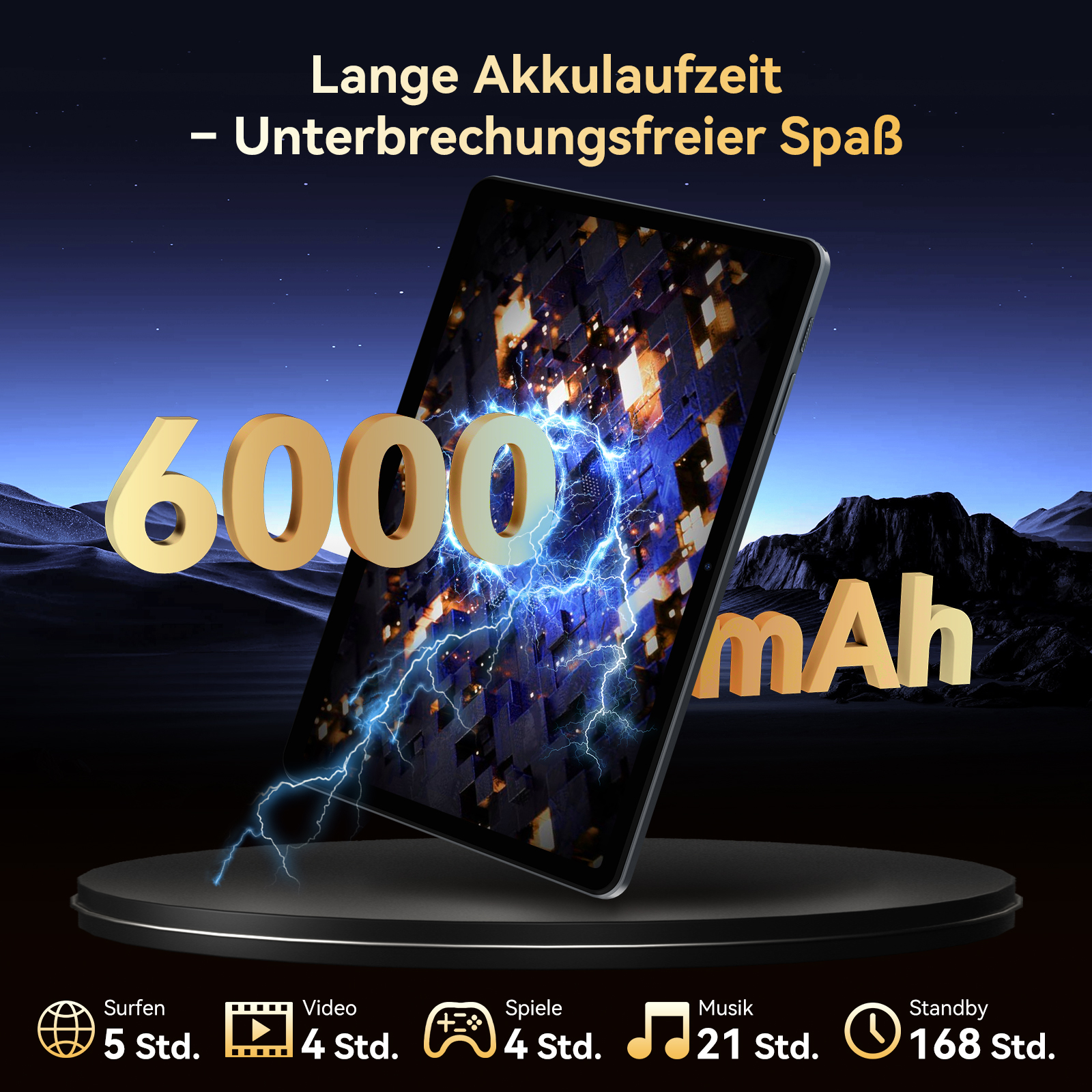 Ein Tablet mit 6000 mAh Akku, Blitzgrafik und Nutzungsdetails wie 5 Std. Surfen, 4 Std. Video.