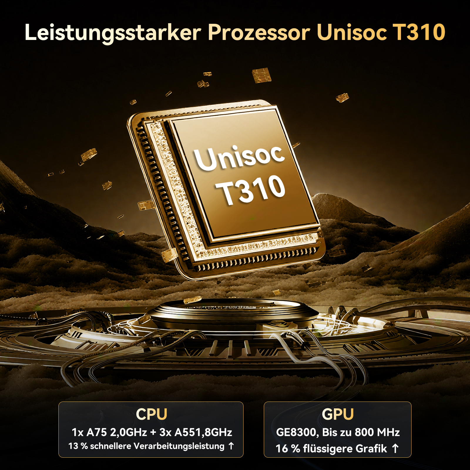 Das Bild zeigt einen Unisoc T310 Prozessor mit CPU/GPU-Spezifikationen. Goldene Details mit technischem Hintergrund.