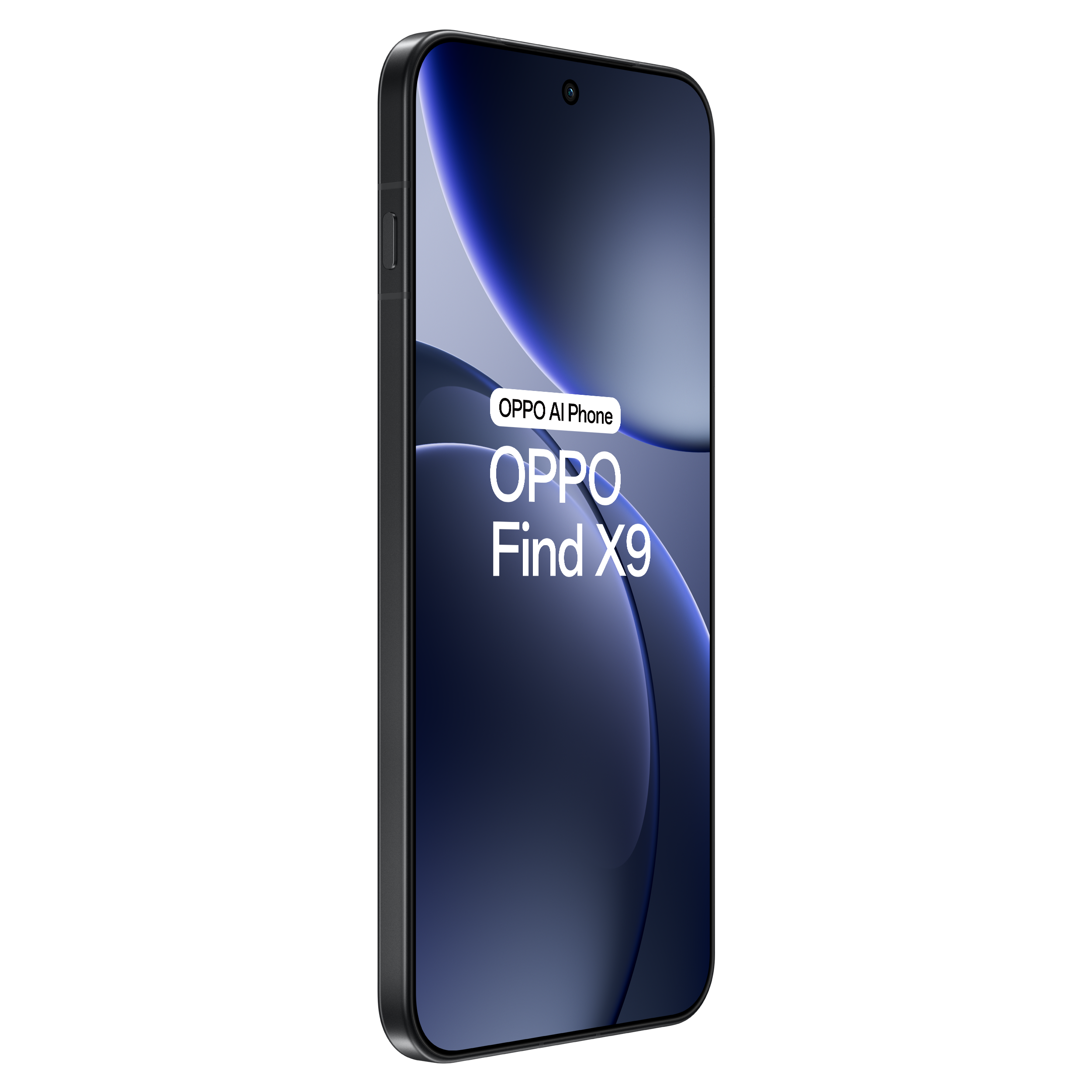 Un smartphone avec un cadre noir et un écran affichant un design abstrait bleu et blanc. Le téléphone est étiqueté OPPO Find X9.