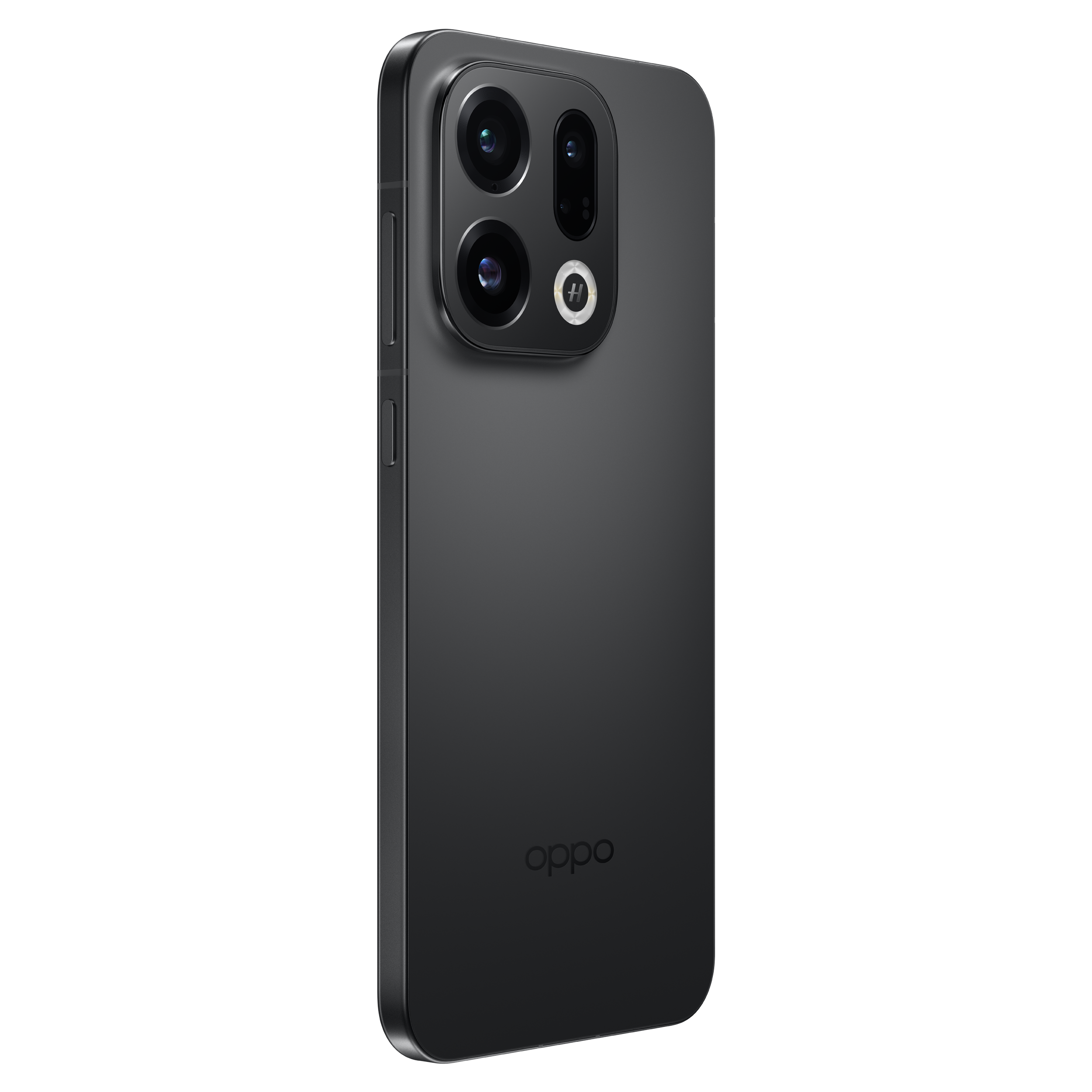 Un smartphone noir avec plusieurs caméras arrière sur fond blanc.