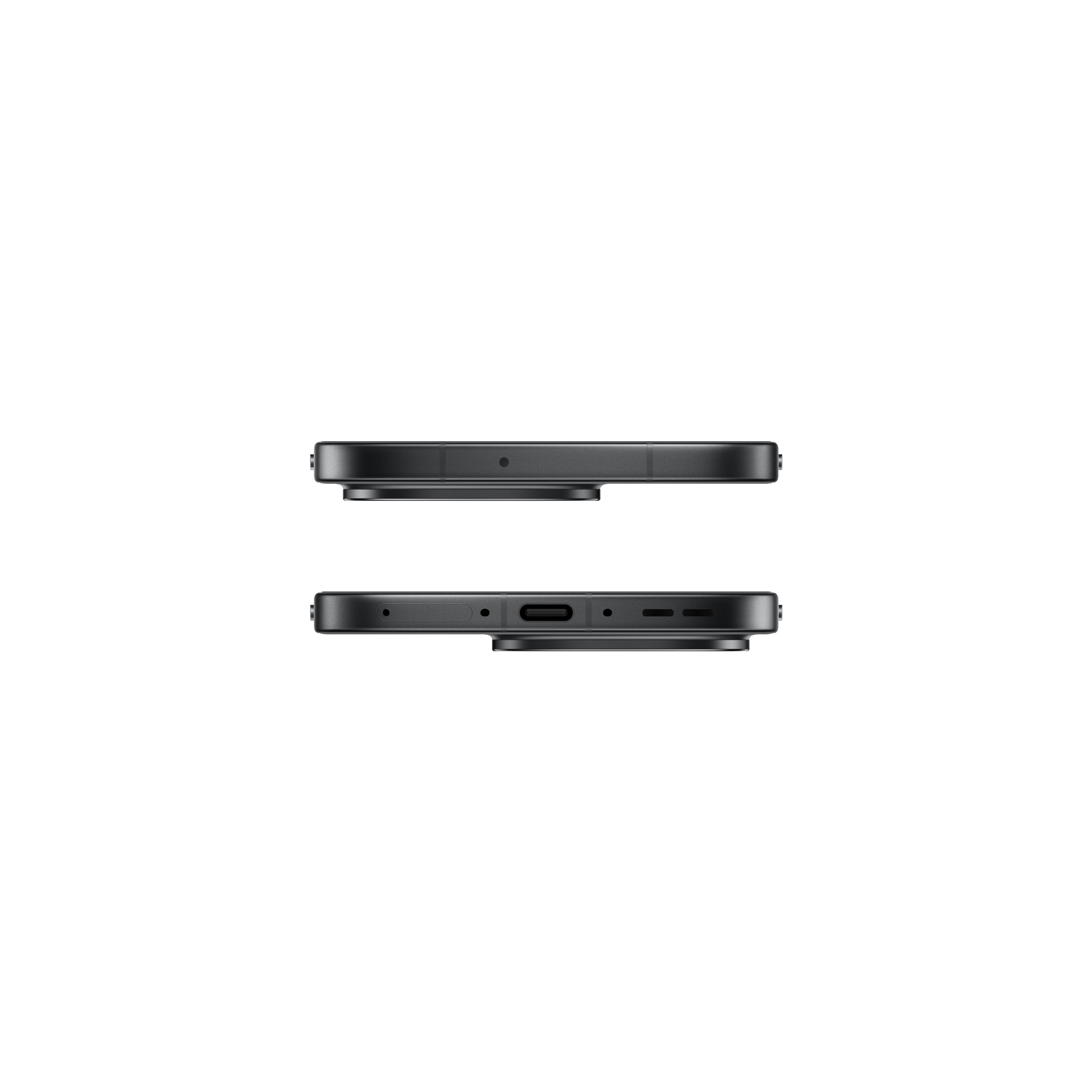 Deux sections d'un téléphone gris foncé, en haut et en bas. Le haut a une caméra. Le bas a un port et des trous.