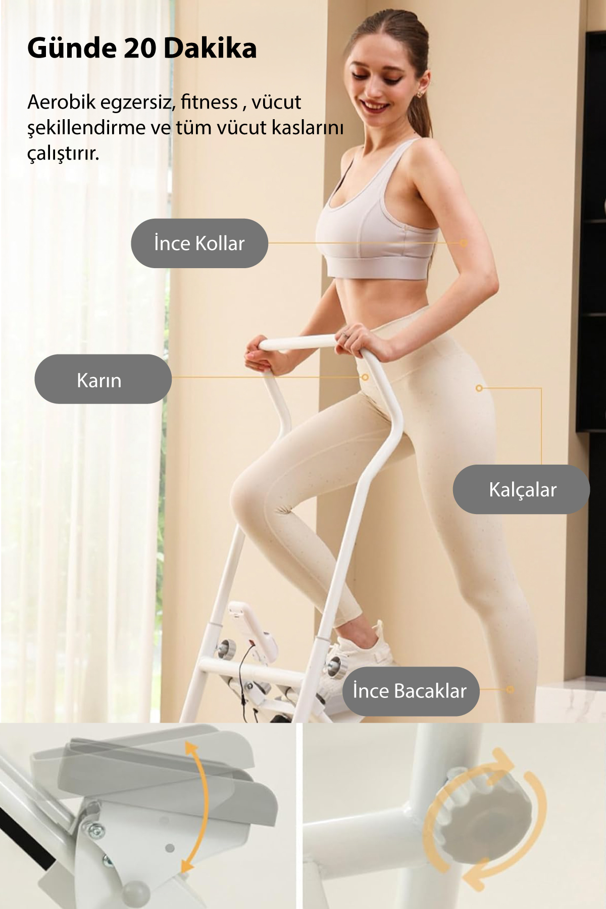 Bir kadın beyaz bir fitness aletinde egzersiz yapıyor. Spor sütyeni ve tayt giyiyor. Metin etiketleri hedef alanları gösterir: kollar, karın kasları, bacaklar ve kalçalar.