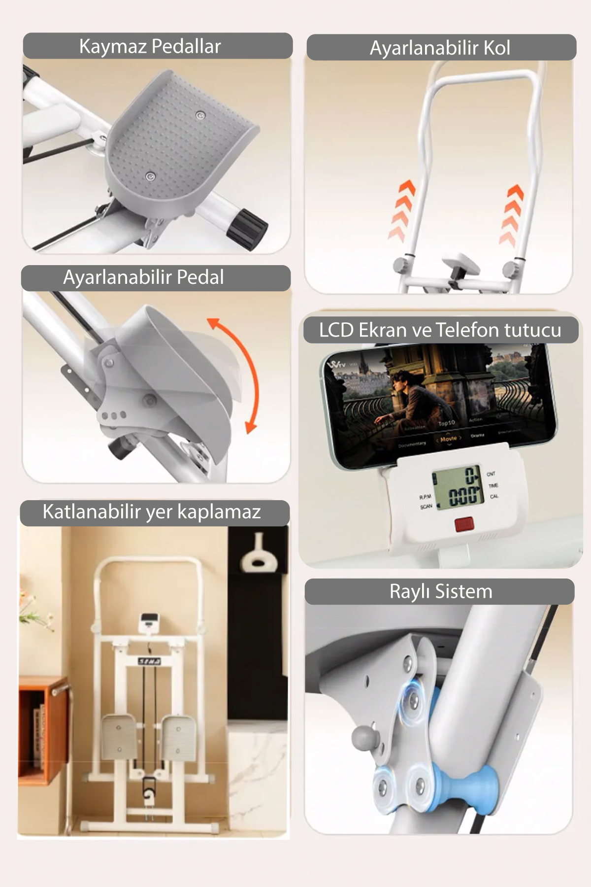 Görsel, egzersiz makinesi parçalarını gösterir: pedallar, ayarlanabilir kollar, telefonlu ekran, katlanabilir tasarım ve ray sistemi.