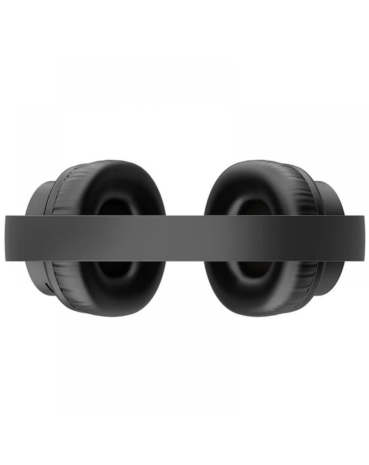 Para czarnych słuchawek, widok z boku. Nauszniki są okrągłe, a pałąk płaski. Tło jest białe.
