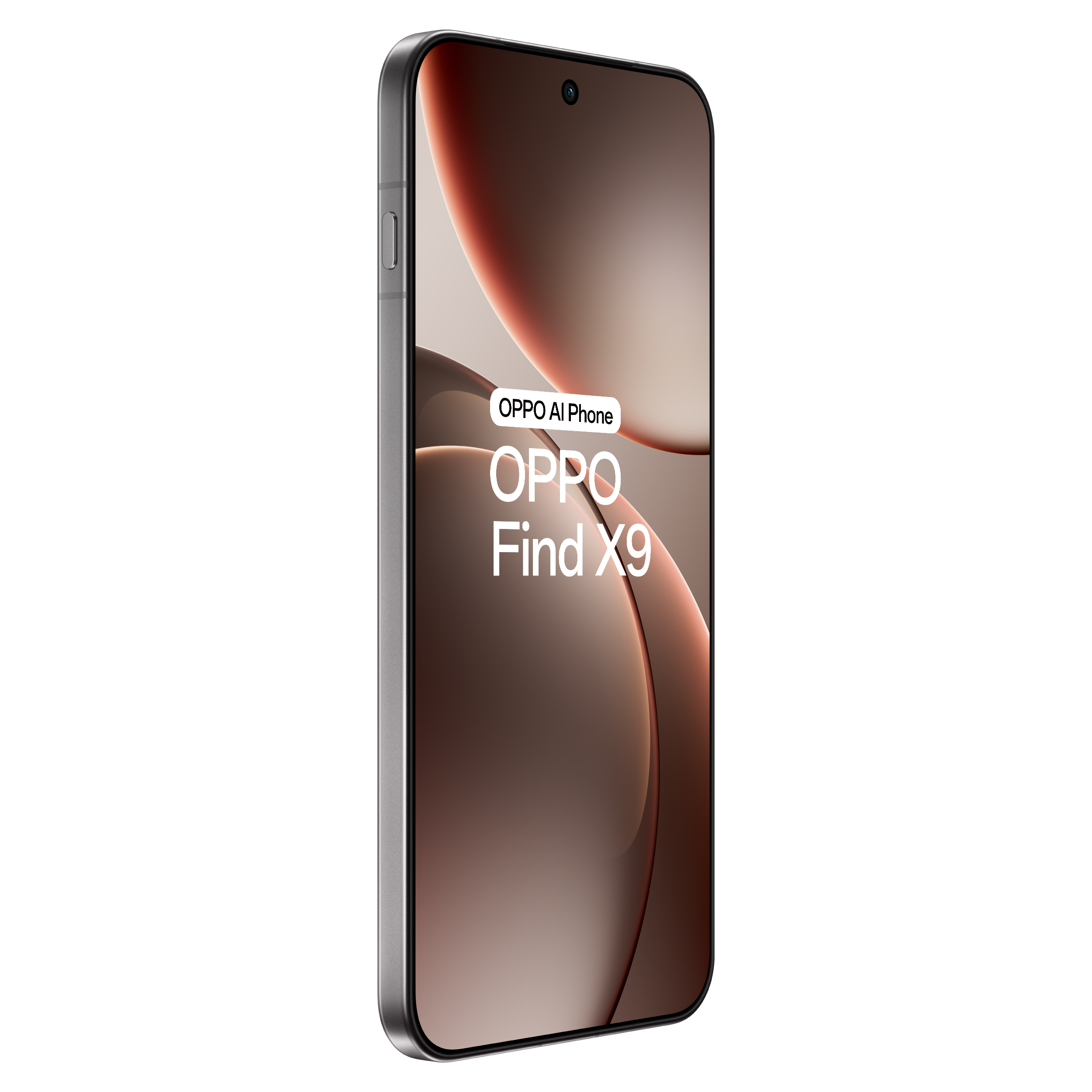 Un smartphone avec un écran incurvé est affiché. L'écran affiche un dégradé de marron et beige. Le téléphone est argenté.