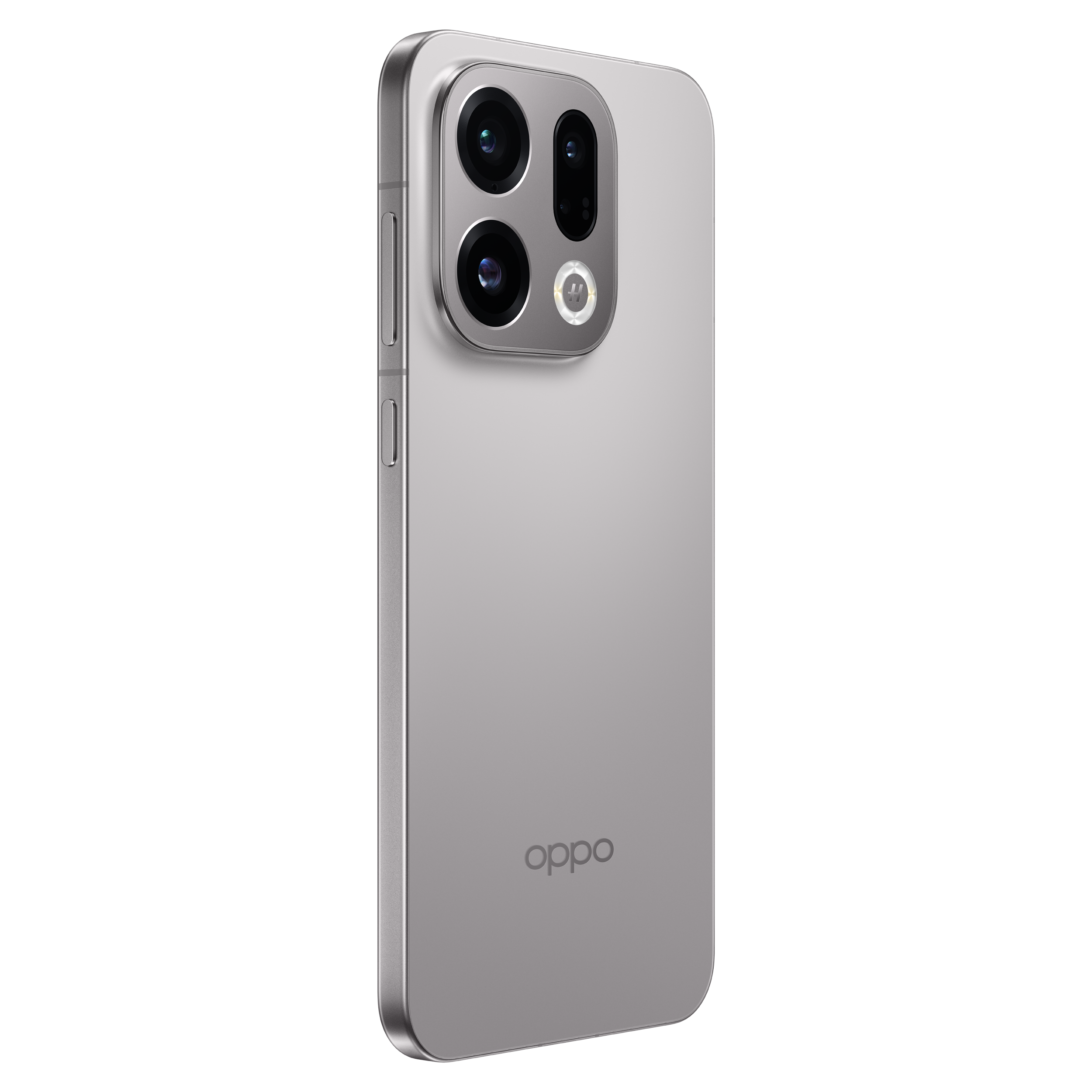 Un smartphone Oppo gris, vue arrière, avec ensemble de caméras et logo Oppo. Cadre argenté. Fond blanc.