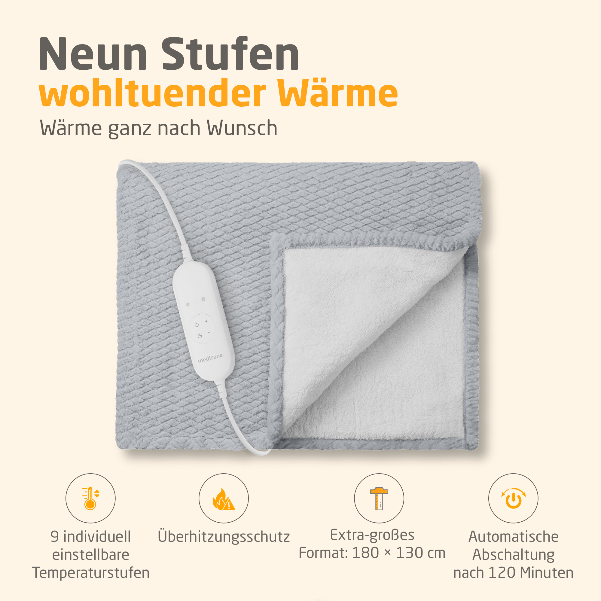 Graue Heizdecke mit weißem Innenfutter und Bedienfeld. Text enthält Funktionen wie 9 Heizstufen und automatische Abschaltung.
