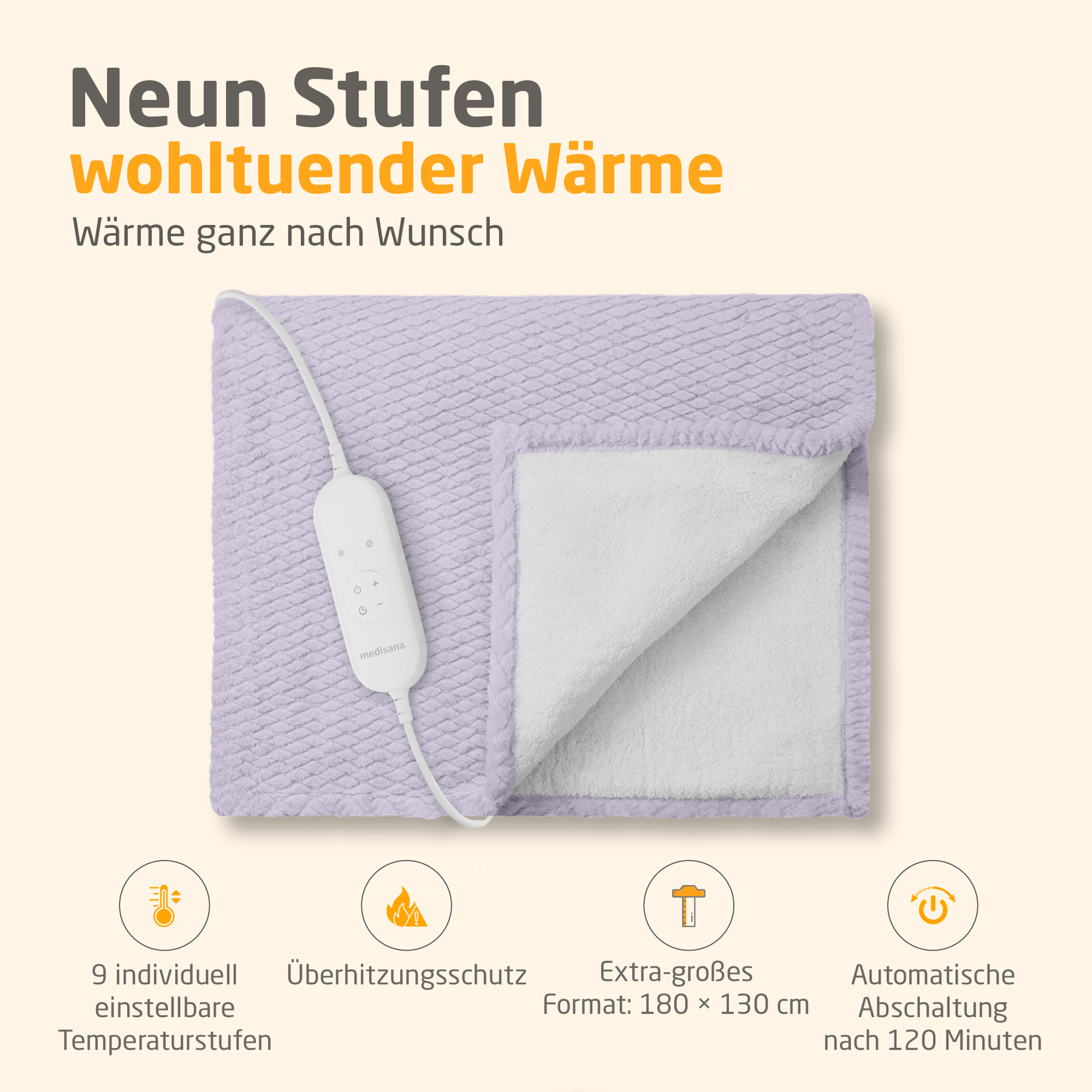 Eine lavendelfarbene Heizdecke mit weißem Innenraum und Bedienfeld, mit Text auf Deutsch.