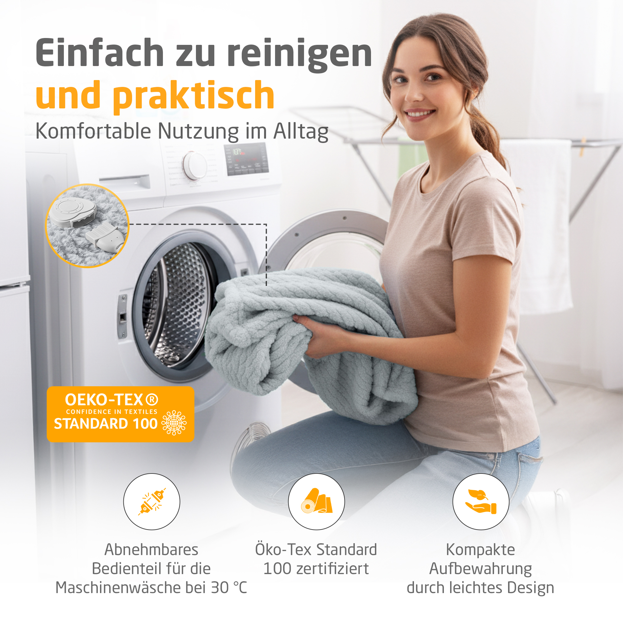 Frau mit Decke neben Waschmaschine. Text: einfach zu reinigen und praktisch. Merkmale: abnehmbarer Teil, Oeko-Tex, kompakte Lagerung.