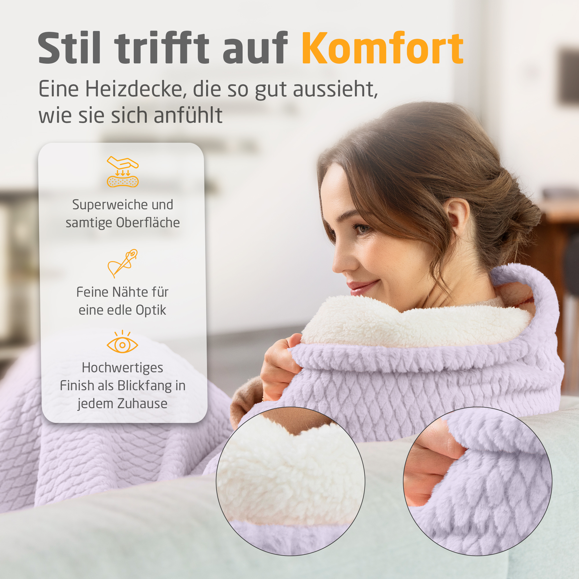 Frau in lila Decke. Text beschreibt Eigenschaften: weiche Oberfläche, feine Nähte und hochwertige Verarbeitung.