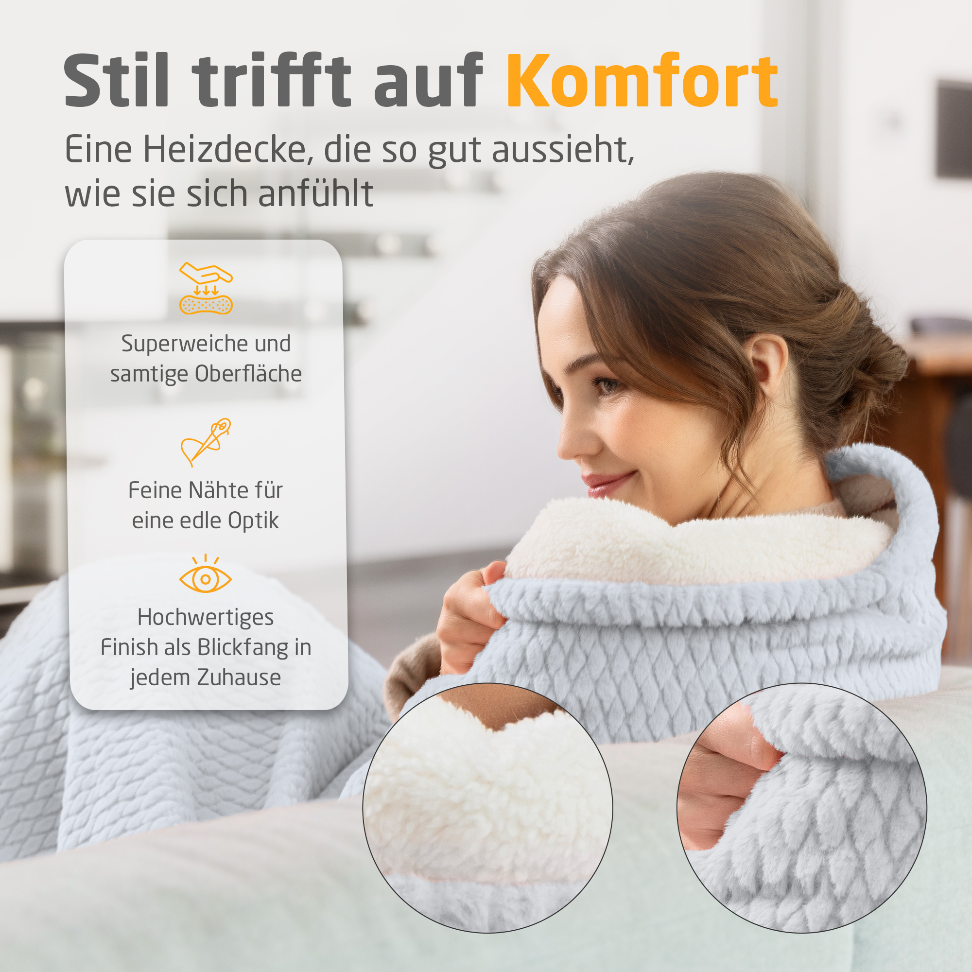 Frau mit Decke. Text: Stil trifft Komfort. Deckenmerkmale: weiche Oberfläche, feine Nähte, hochwertiges Finish.