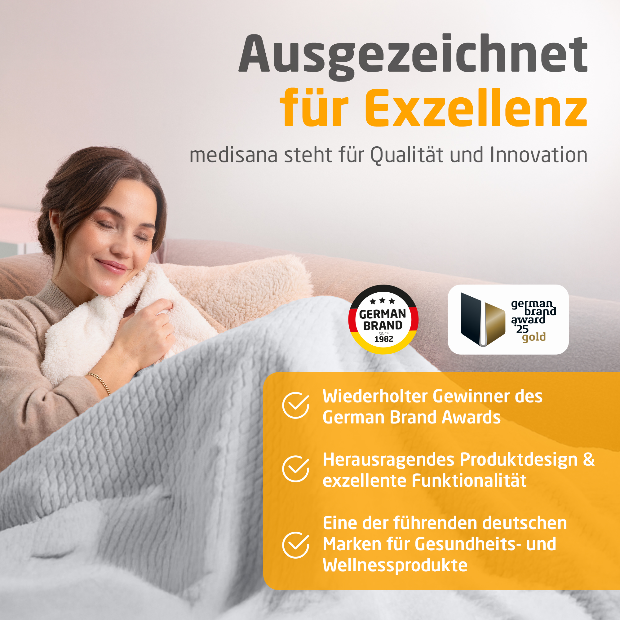 Frau mit geschlossenen Augen, hält ein weißes, flauschiges Objekt. Text enthält 'Exzellenz' und Markenauszeichnungen.